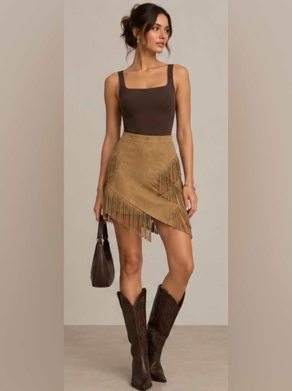 Guess Tan Fringe Suede Mini Skirt